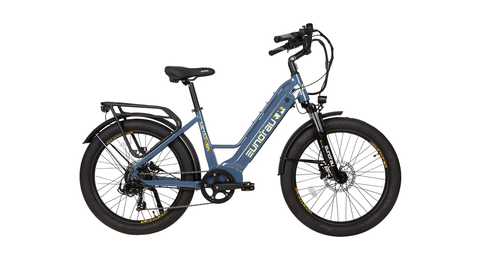 Blue EUNORAU META24 step-through electric bicycle with rear rack and mudguards.