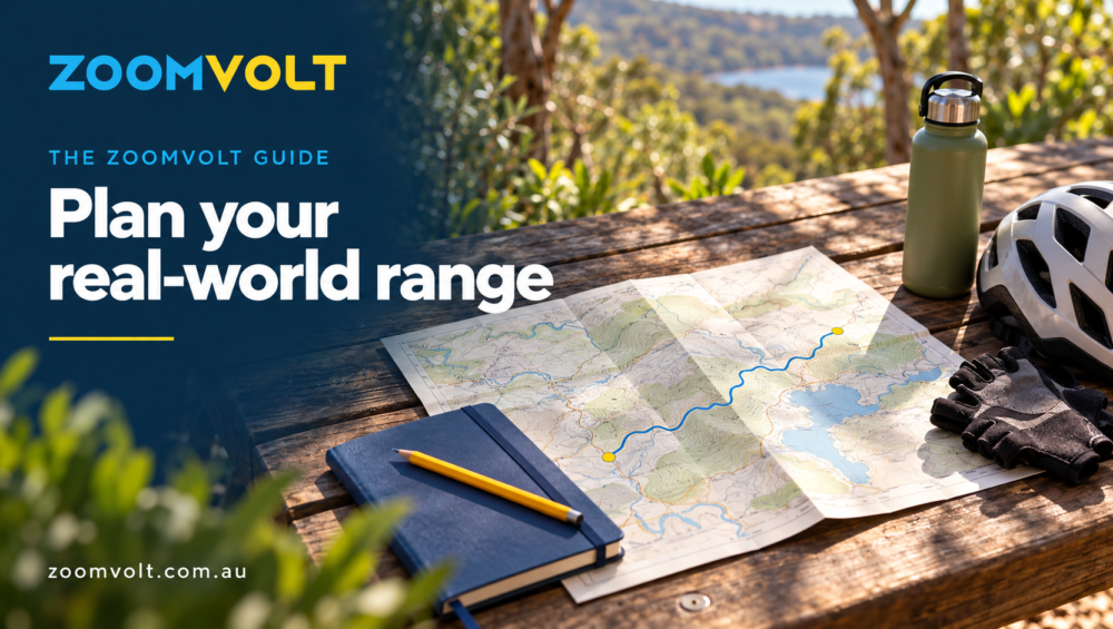 ZoomVolt guide banner showing a route map, notebook, helmet and water bottle on a table, headed Plan your real-world range.
