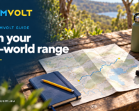 ZoomVolt guide banner showing a route map, notebook, helmet and water bottle on a table, headed Plan your real-world range.