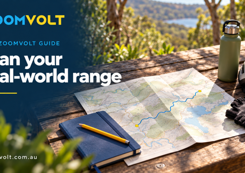 ZoomVolt guide banner showing a route map, notebook, helmet and water bottle on a table, headed Plan your real-world range.