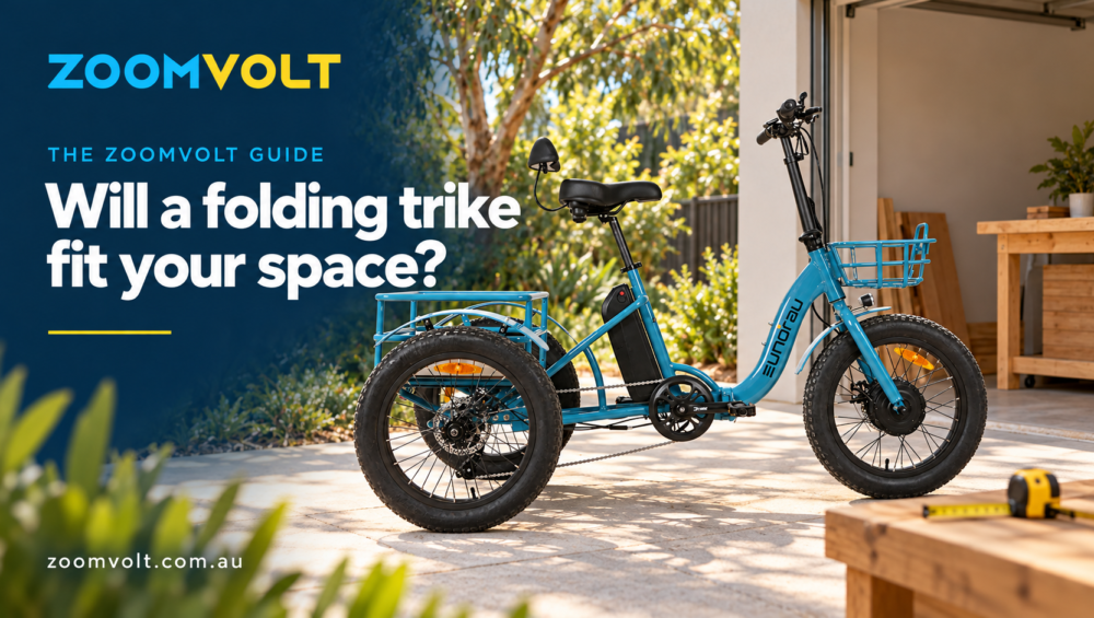 ZoomVolt guide banner with a blue EUNORAU electric trike beside a garage and tape measure, headed Will a folding trike fit your space?