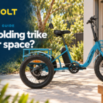 ZoomVolt guide banner with a blue EUNORAU electric trike beside a garage and tape measure, headed Will a folding trike fit your space?