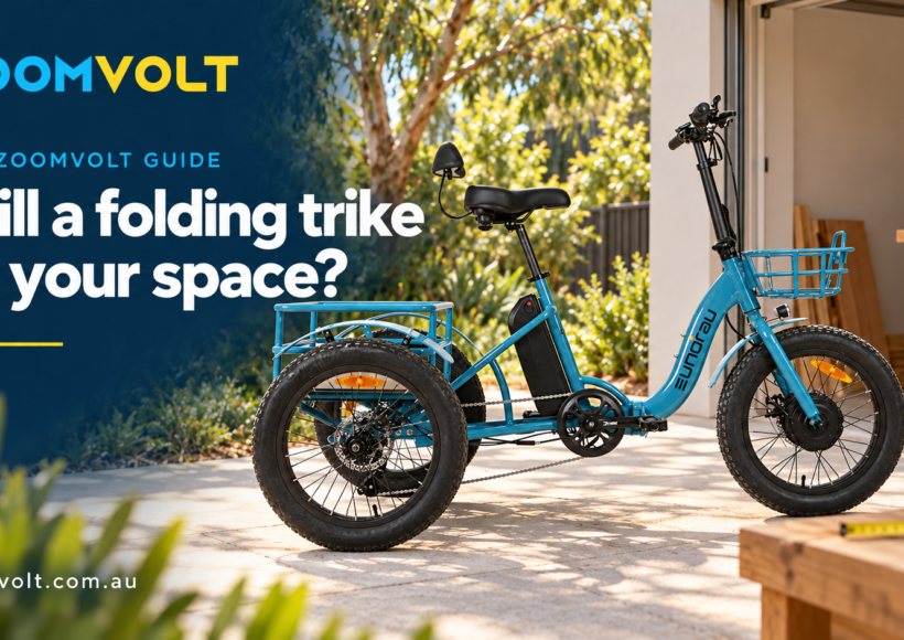 ZoomVolt guide banner with a blue EUNORAU electric trike beside a garage and tape measure, headed Will a folding trike fit your space?